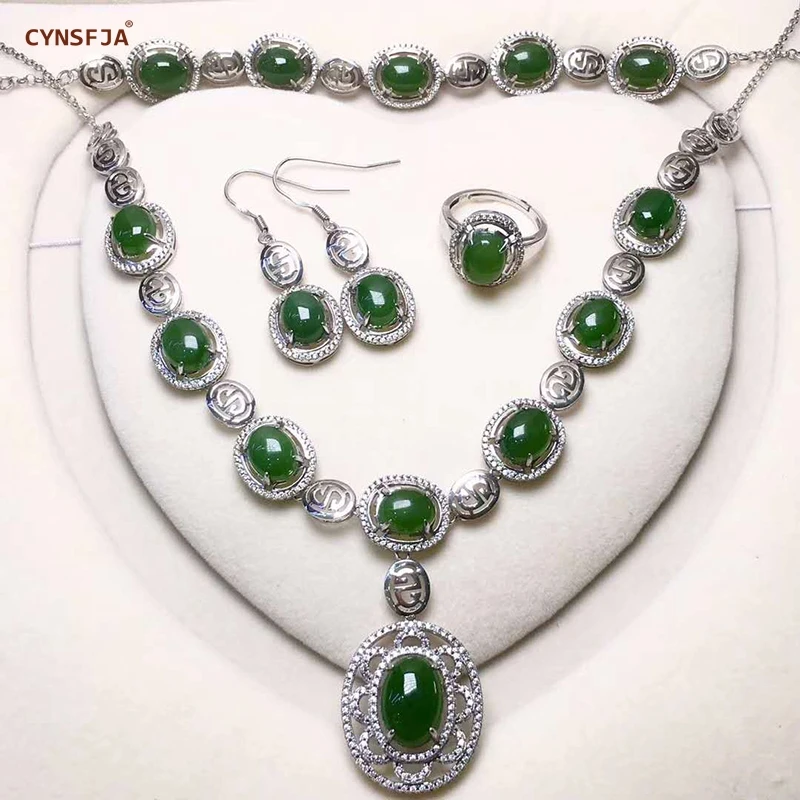 

Certified Natural Hetian Jasper Inlaid 925 Sterling Silver Sets Lucky Necklace Ring Earrings Bracelet High Quality Best Gifts