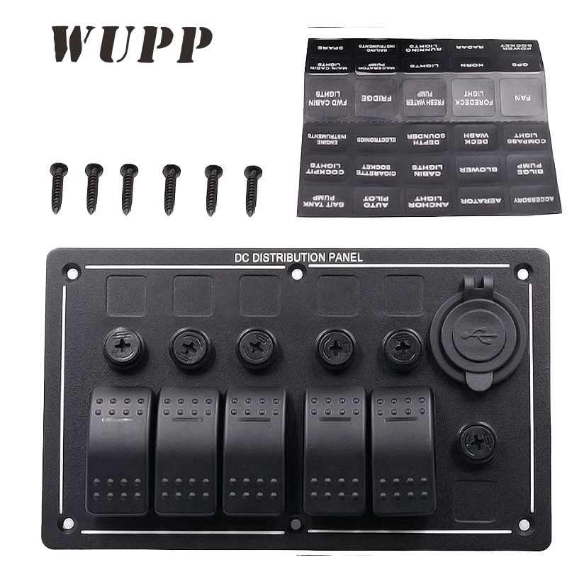 

WUPP 5Gang Switch Panel Waterproof Dual 2 Ports Usb Charger Orange Led Indicators High Quality Metal Rocker Switch Panel