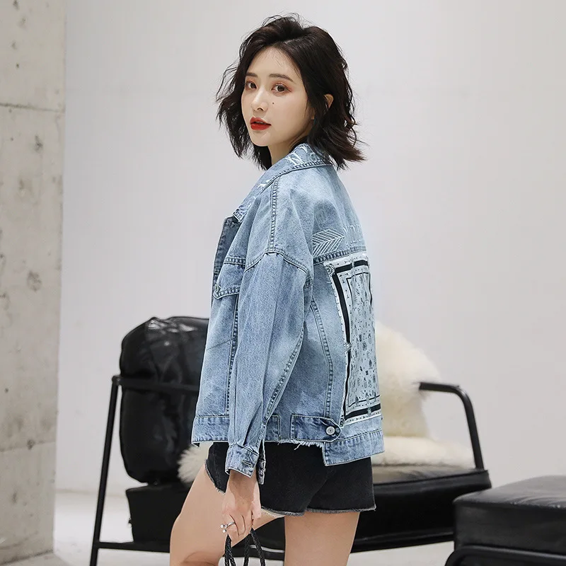 

Women fashion embroidery print coats female's short denim jackets spring woman large size outwear student cowboy jacket coats