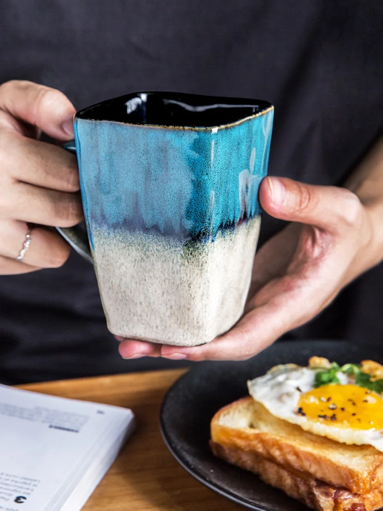 

European Ceramic Cup Square household water cup personality couple Cup coffee cup large capacity mug with cover spoon