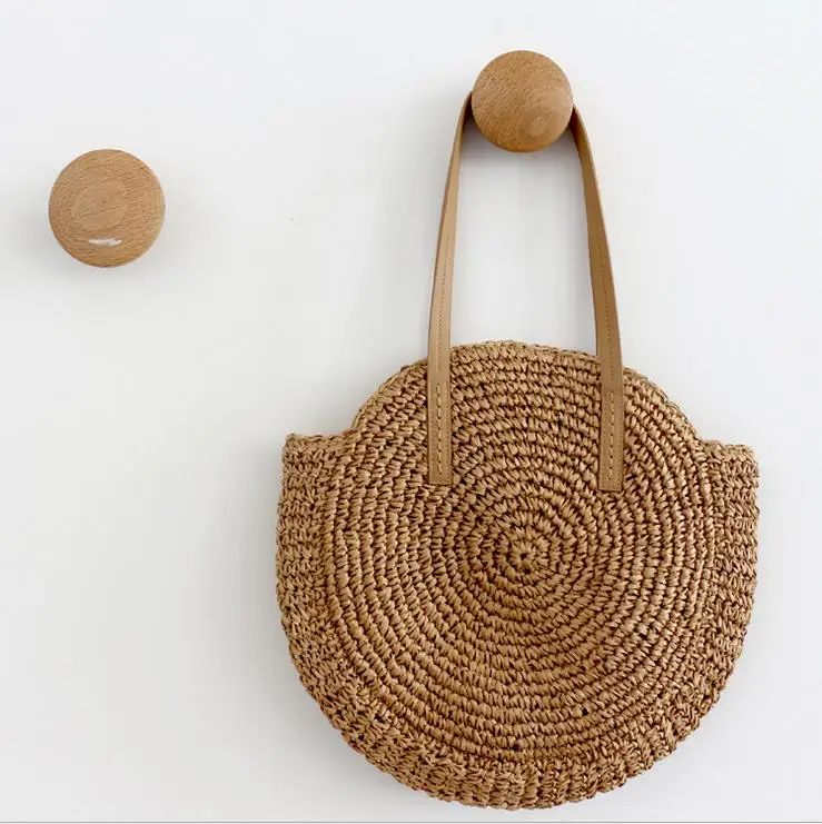 

2Colors Women Round Circular Rattan Wicker Straw Woven Shoulder Bag Lady Solid Zipper Big Capacity Beach Bag