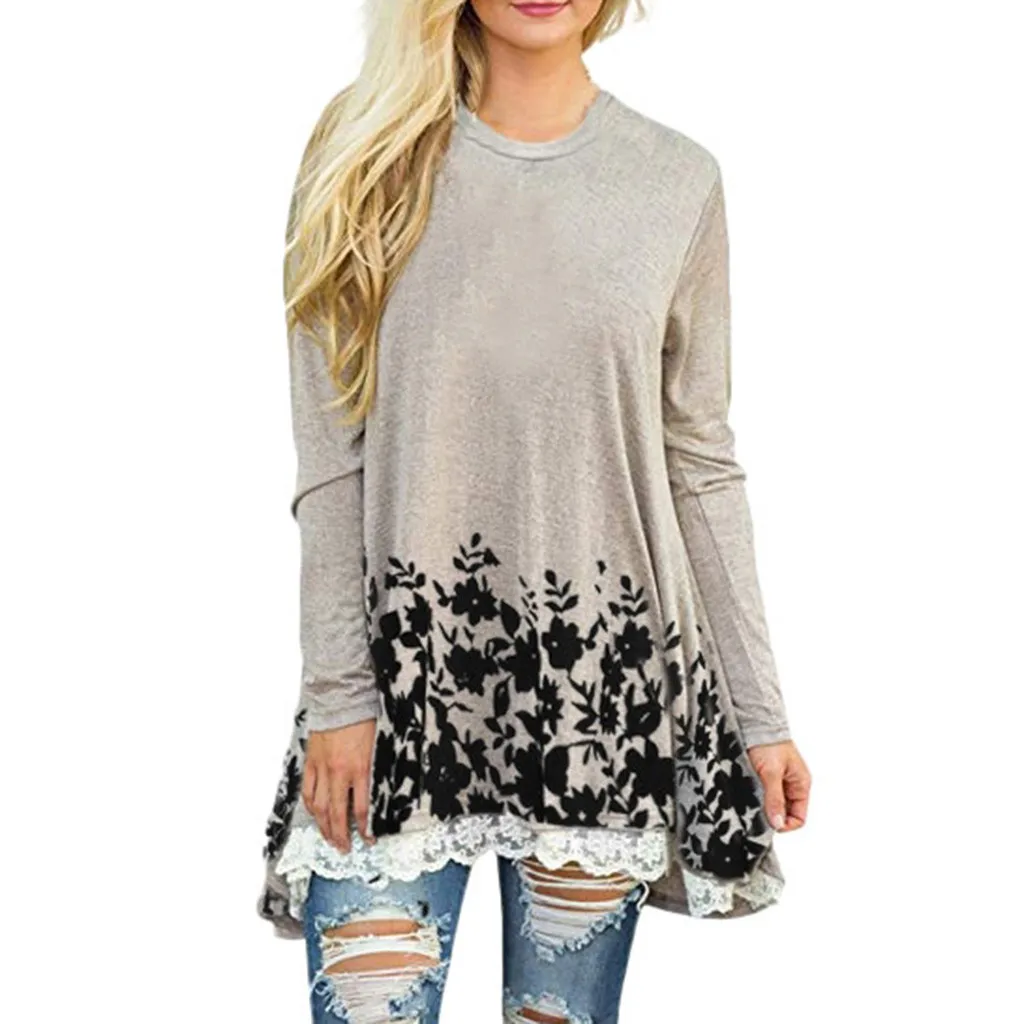 

Women Casual Long O-Neck Sleeve Loose Lace Tops Floral Print Tunic beautiful basic t shirt women long sleeve womens tops