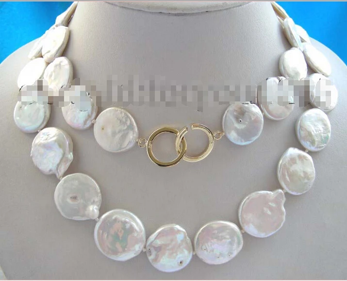 

Free shipping 33" Genuine Natural 20mm White Coin Pearl Necklace 14k