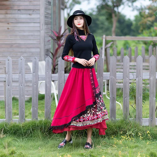 Весенне-осенняя винтажная, этнический стиль юбки с бахромой женские s Розовый Красный пэчворк китайский стиль длиной до щиколотки элегантная женская юбка