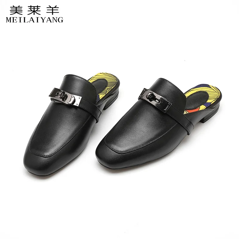 

New fashion women mules slippers genuine leather cow leather solid metal decoration floral inside low flat with women slippers