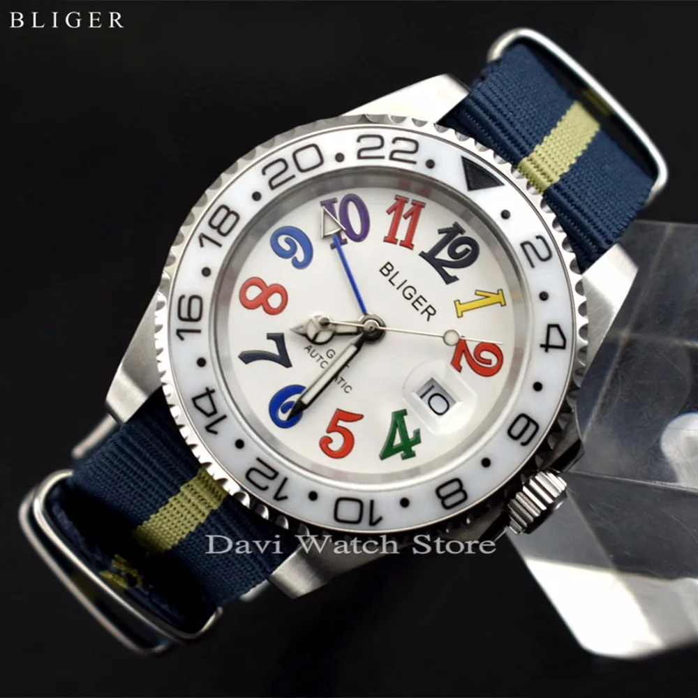 

40MM BLIGER CERAMIC BEZEL GMT LUMINOUS SAPPHIRE AUTOMATIC DATE DAY MENS WATCH