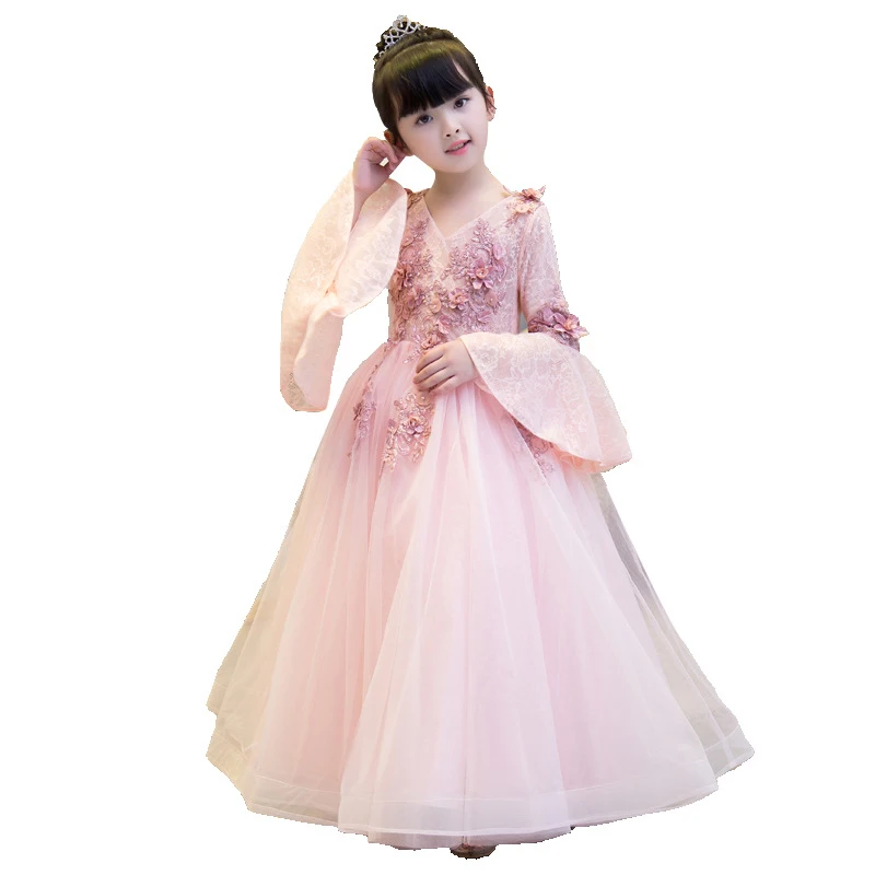 Фатиновое платье с цветочным узором для девочек детское платье для свадебных торжеств с длинным рукавом и длинным рукавом, детский праздничный костюм платье для выпускного вечера платье для первого причастия B2
