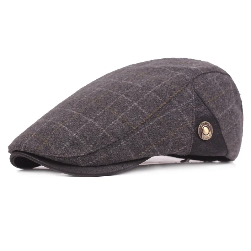 QIUBOSS Colored Plaid Plain Wool Felt Newsboy Caps for Men Autumn Winter Warm Beret Old Man Forward Hat Male Trilby Casquette - Color: Gray