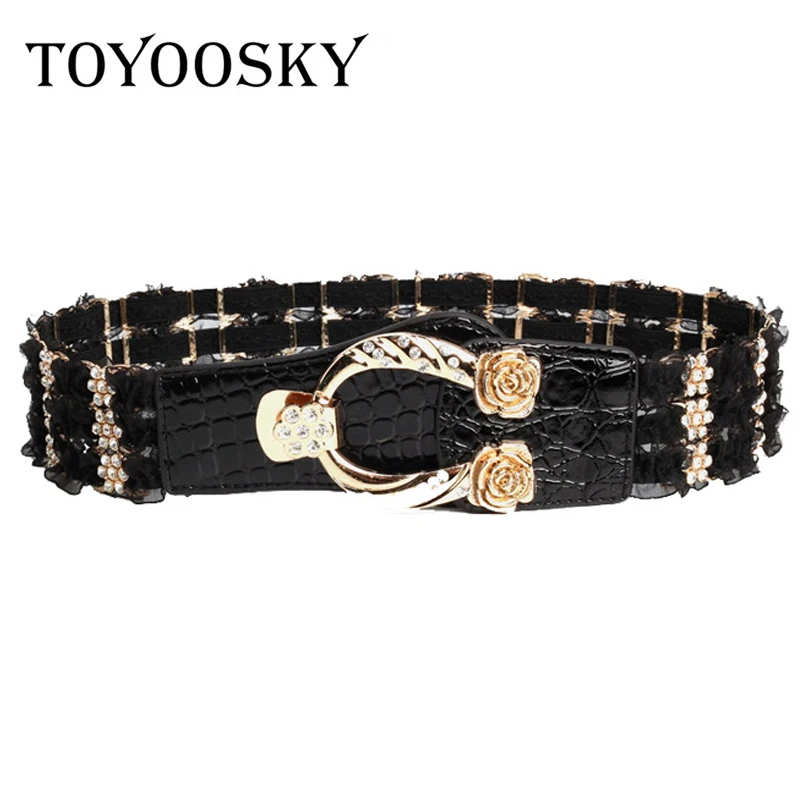 

TOYOOSKY Elastic Lace Belt for Women Brand Designer Women Belts European Style Stretch Wide Waist Belt for Dresses Floral Buckle