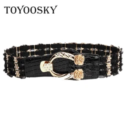 TOYOOSKY Elastic Lace Belt for Women Brand Designer Women Belts European Style Stretch Wide Waist Belt for Dresses Floral Buckle TOYOOSKY Elastic Lace Belt for Women Brand Designer Women Belts European Style Stretch Wide Waist Belt for Dresses Floral Buckle