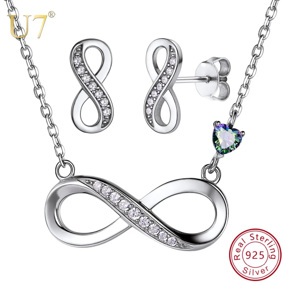 

U7 925 Sterling Silver Infinity Necklaces Stud Earrings Sets For Women Girls Wedding Bridesmaid Statement Jewelry Sets SC241