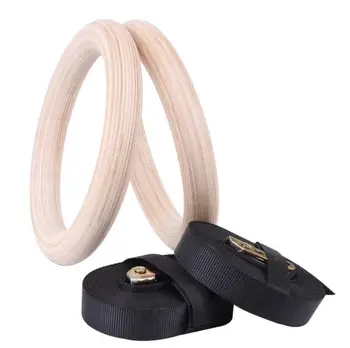 

28MM Wood Gymnastic Rings Adjustable Long Buckles Straps Workout Home Exercise Cross Fitness