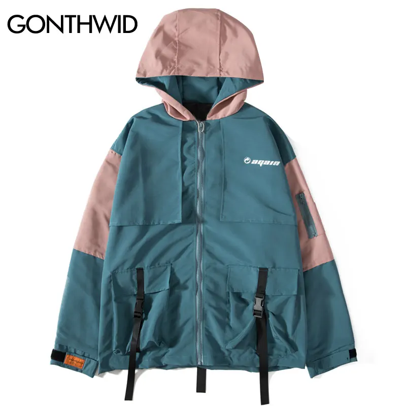 

GONTHWID Buckle Pockets Ribbon Color Block Patchwork Hooded Windbreaker Jackets 2019 Hip Hop Zip Up Track Jacket Coat Streetwear