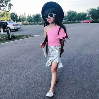 

Autumn Kids Girls Princess Party Clothes Set Toddler Children One Shoulder Shirt Top+Ruffles flash Skirt Fashion Set kit Outfit