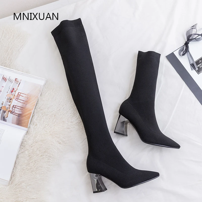 

MNIXUAN Stovepipe stretch boots sexy women shoes over the knee thigh high boots 2019new pointed toe knitting high heel long boot