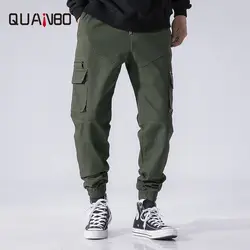 QUANBO 2019 весенние мужские свободные хлопковые повседневные брюки модный тренд большой карман на молнии украшения мужские рабочие зеленые