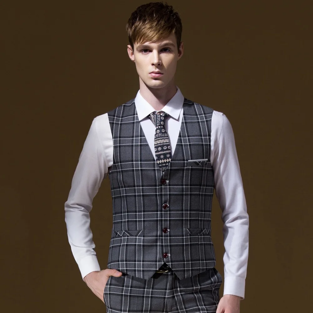 Men Autumn Formal Grey Plaid Suits Vests Business Wedding Groom Plaid ...