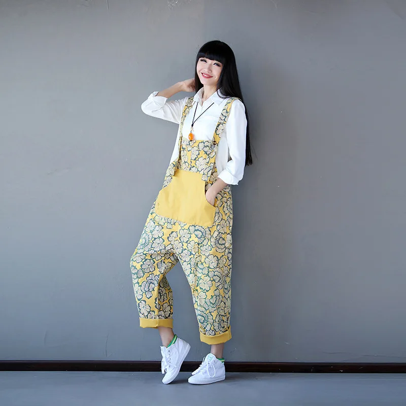 

Elegant Jumpsuits for Women 2018 Spring Summer Plus Size Overalls for Women Cotton Loose Print Combinaison Femme England Style