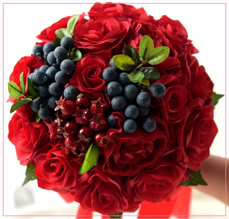 Kyunovia Красный реального прикосновения Букеты свадебные Аксессуары цветы розы Калла Лили Свадебный букет невесты с ягодами fe51
