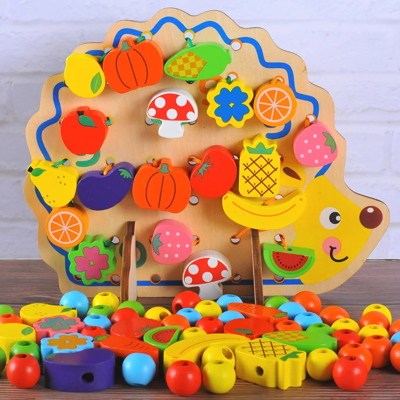 

Hedgehog Fruit Building Blocks Shape Cognitive Threading Wood Wear Rope Game Children's Educational Beaded Toy Gifts