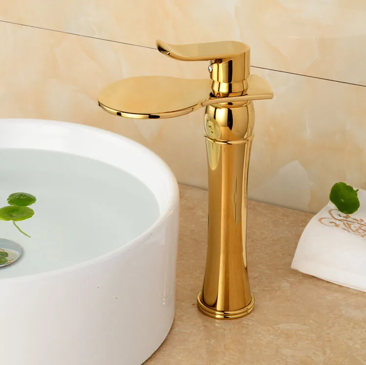 Great Quality Tall Bathroom Basin Mixer Tap Golden Polished Waterfall Sink Faucet
