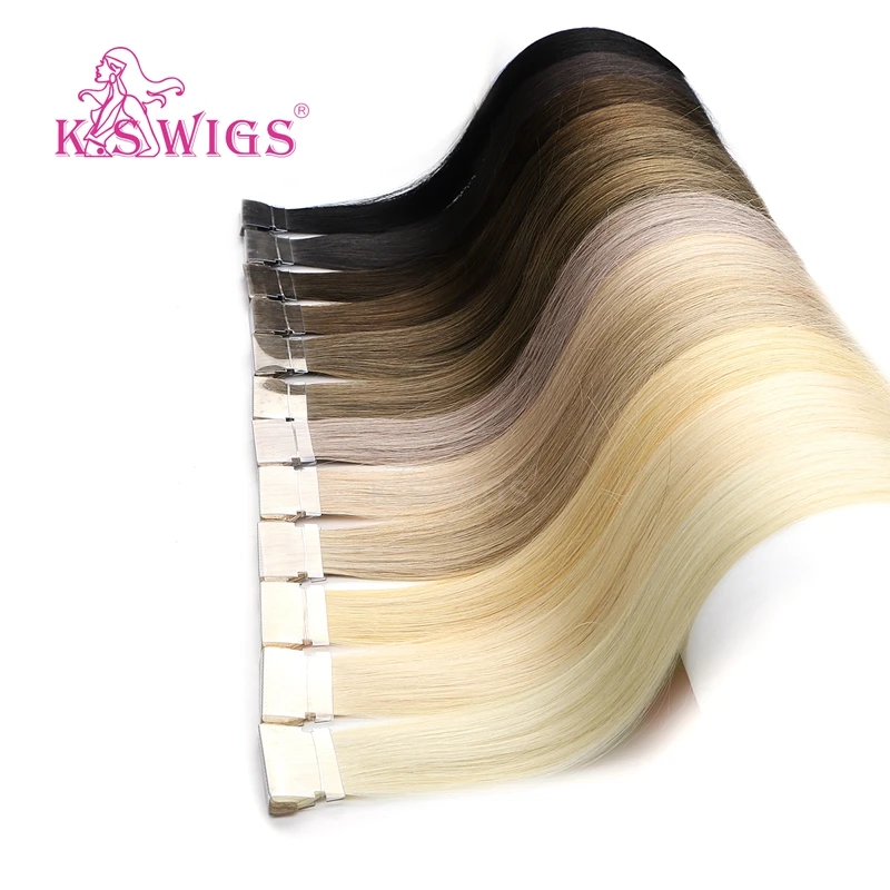 K.S парики прямые Remy ручной привязанной ленты ПУ кожи уток человеческих наращивания салон образцы 10 шт. для тестирования 16 ''20'' 24''