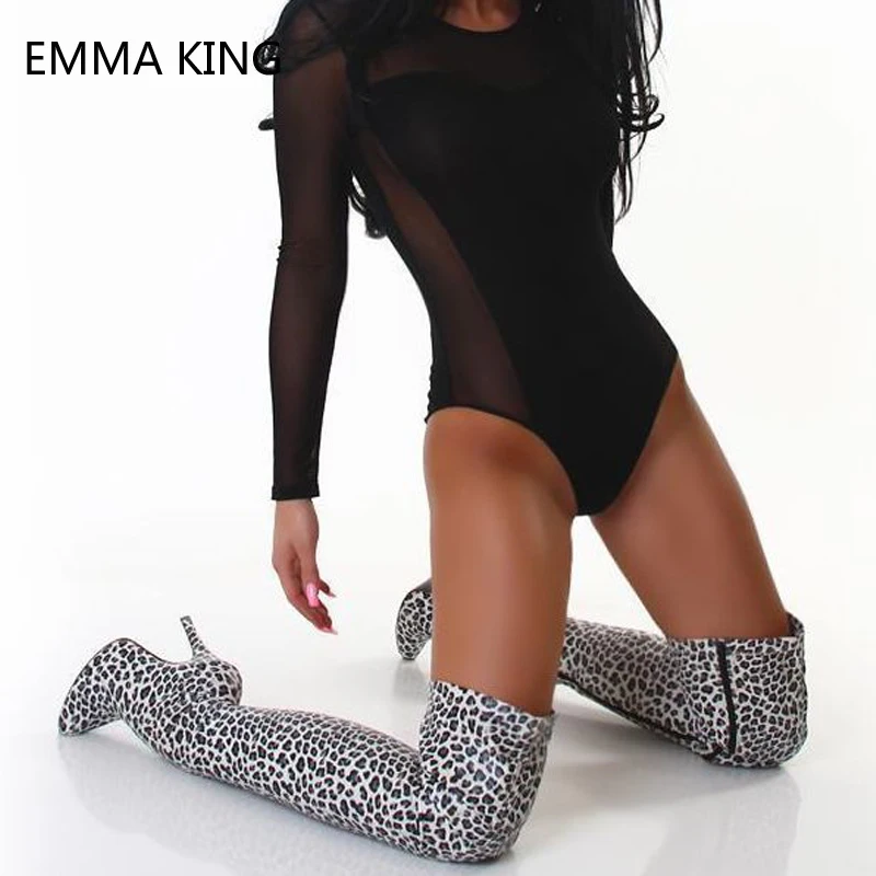 

Sexy Pointed Toe Long Boots Ladies Gray Leopard Stiletto Heels Leather Zip Thigh Stretch Over The Knee Boots Women Large Size