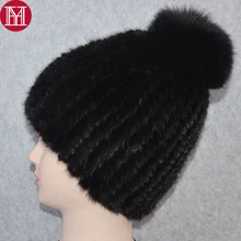 Шапка из натурального меха норки, женские зимние вязаные шапочки с мехом норки, шапка s с помпонами из меха лисы, хлопковая подкладка, норковая шапка