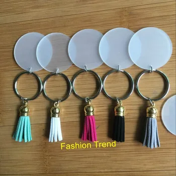 

60pcs/lot new style hot selling clear custom acrylic keychain monogram vinyl clear disc tassel keychains personalize