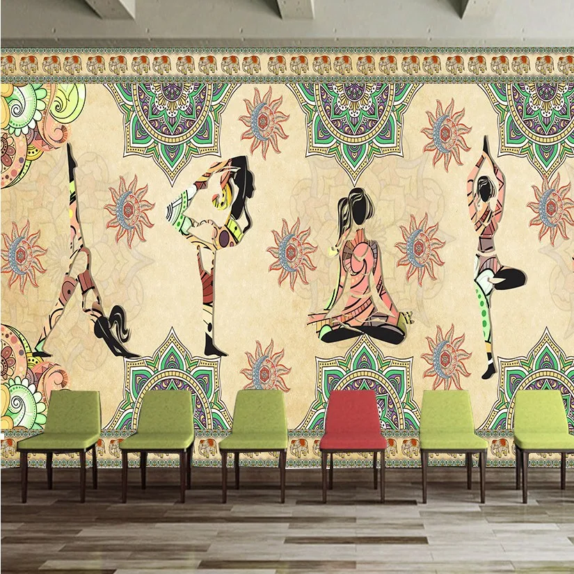 

Free shipping Custom Wallpaper mural Popular Thailand style Indian Yoga Studio Dance Studio cartoon decoration wallpapers