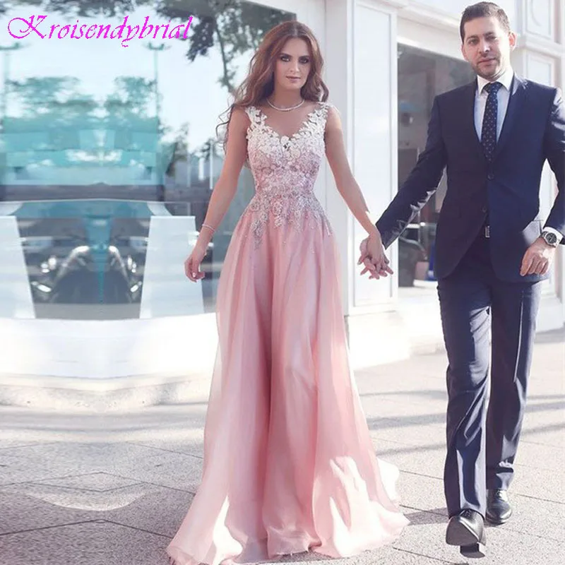 

DZW270 Elegant Pink Long Evening Dresses 2019 Appliques Lace Womens Pageant Gown v Neck Beaded Formal Prom Party vestido festa