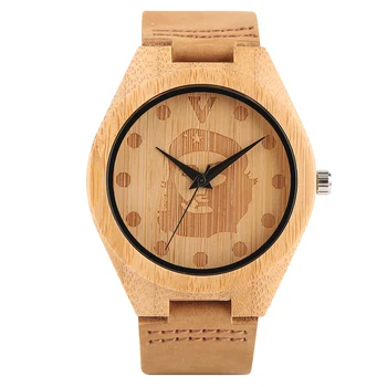 

Novel Che Guevara Bamboo Wooden Men Wrist Watch Handmade from Real Wood Creative Watches Genuine Leather Band Strap Timber Clock