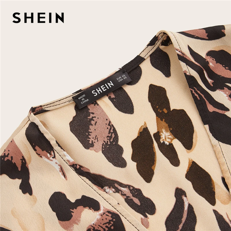 SHEIN Атласное Платье С Леопардовым Принтом С Глубоким V-Образным Вырезом, Элегантное Платье На Запах