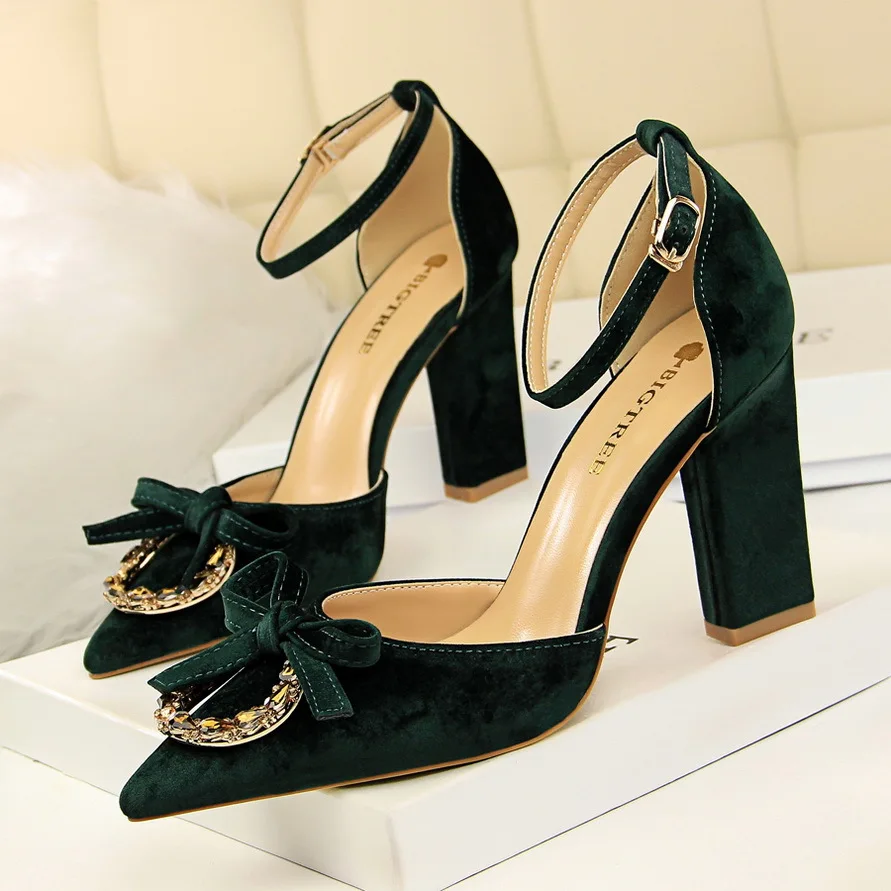 

sandals women High heel Thick with Hollow Suede Shallow mouth Pointed metal Rhinestone buckle Bow tie Word Band shoes woman