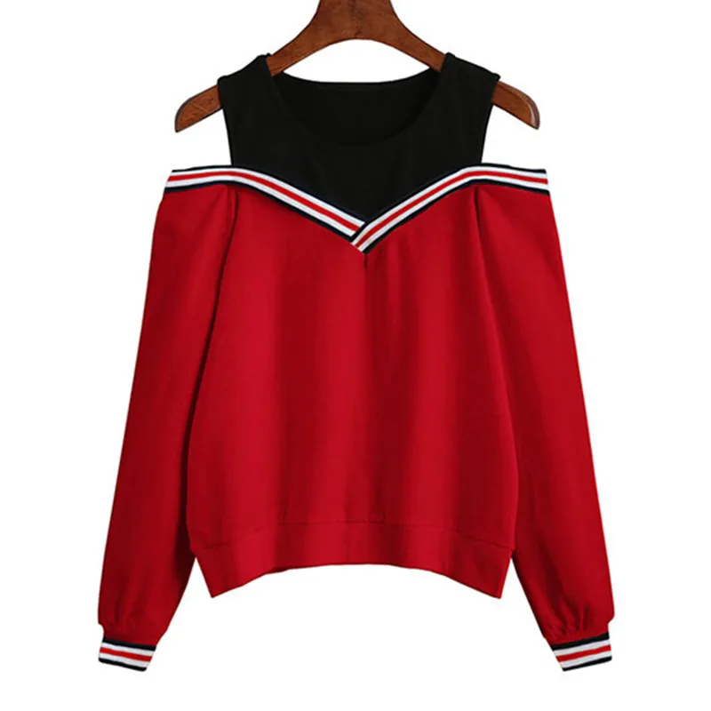  Female Jumper Sweatshirt Off Shoulder Patchwork Hoodies Top Autumn Winter Crew Neck Pullovers Track