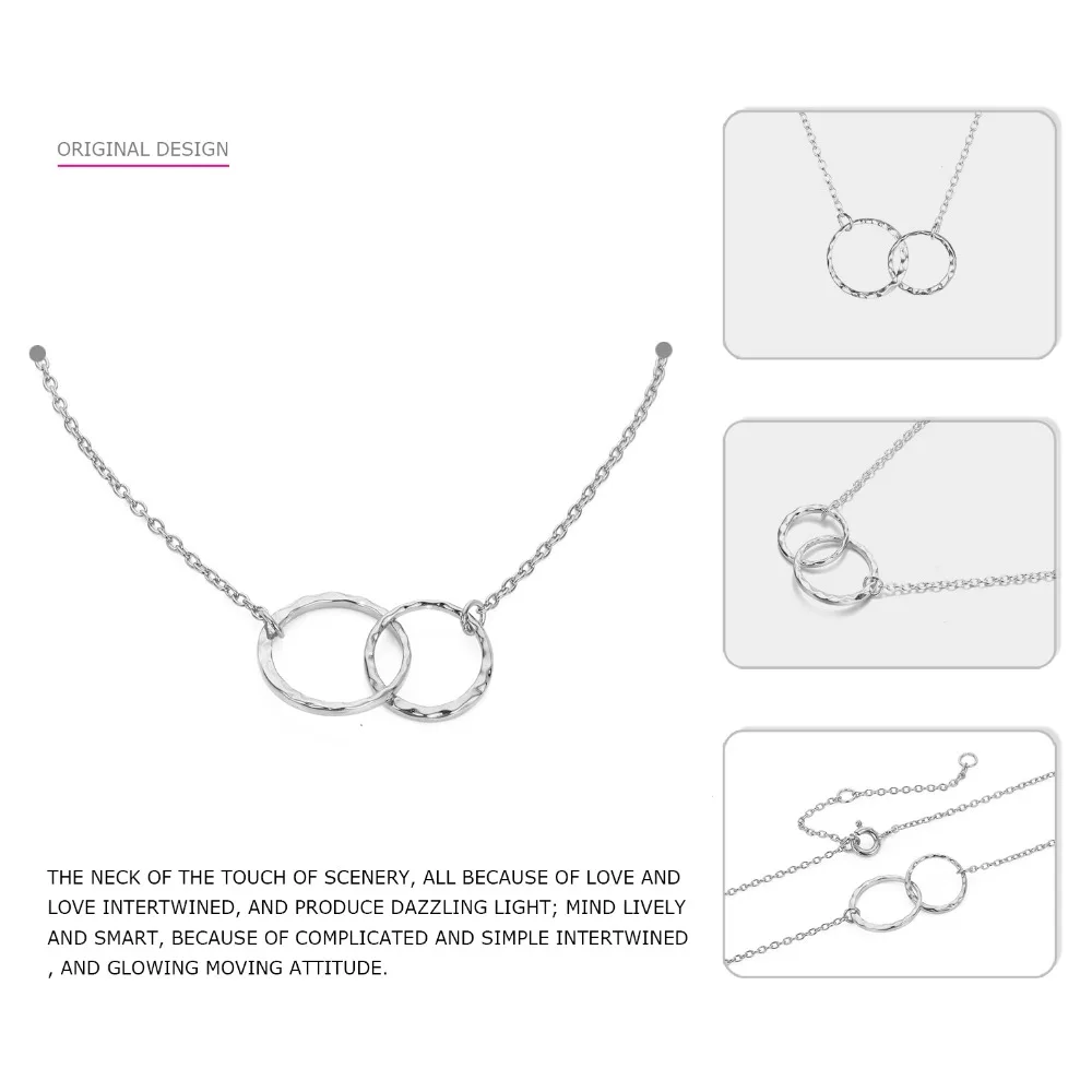e-Manco Crossed Double Circle Necklace 925 Silver Simple Double Circle Gold Necklace Women Fine Jewelry Hoop Pendant Necklace