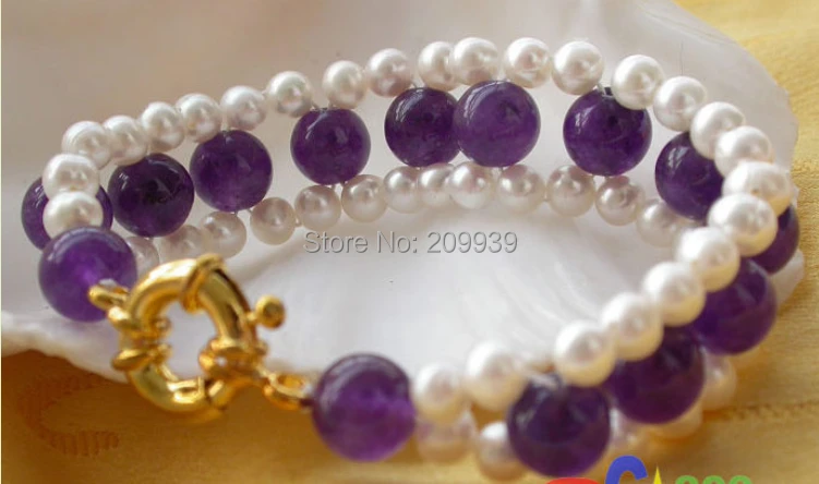 

huij 00661 8" white round cultured PEARL amethyst bead bracelet