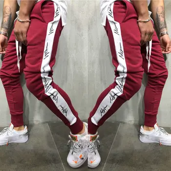 

Hirigin 2019 New Brand Men Casual Letter Long Pants Slim Fit Striped Cotton Trousers