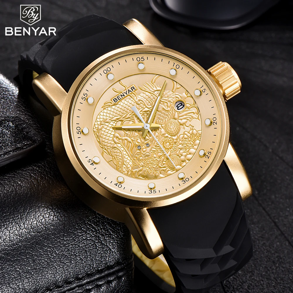 

BENYAR Totem Mens Stylish Luxury Brand Big Dial Wrist Watch Stereoscopic Silicone Band Fashion Watch Man Quartz Analog Clock