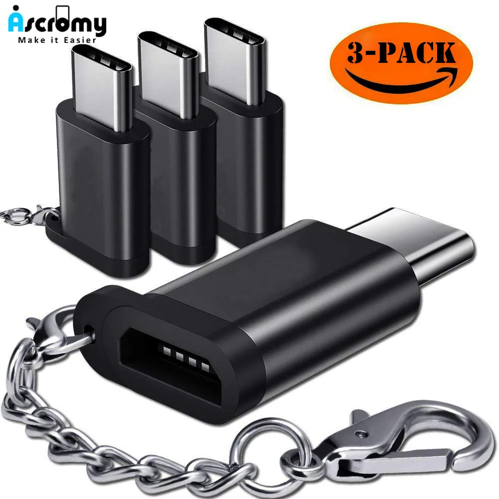 

Ascromy 3PCS USB Type C Adapter Micro USB Female to USB-C Male Connector Android Charger Cable Converter Keychain Accessories