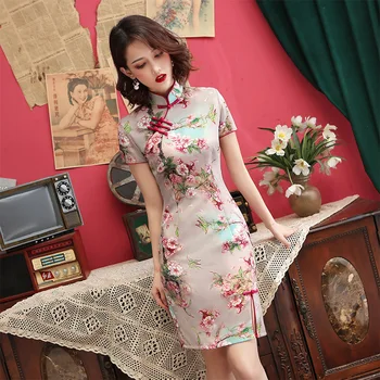 

2020 chinese women white flower wedding qipao vintage mandarin collar cotton cheongsam plus short sleeve evening dress