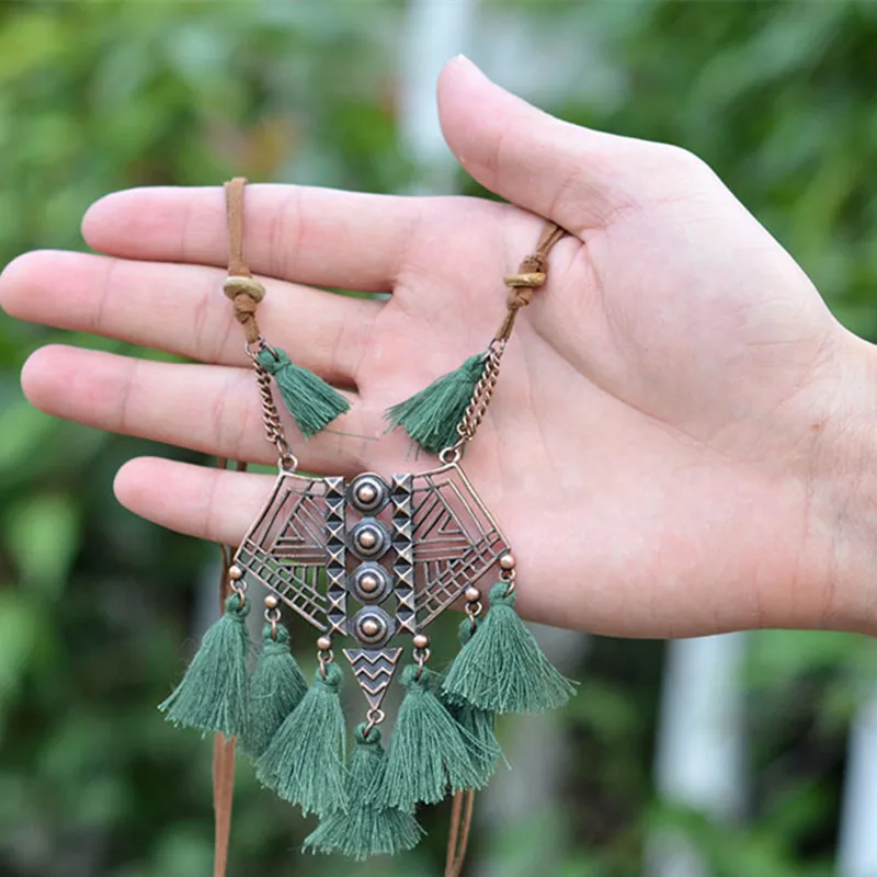 ##BUY DIEZI Bohemian Geometry Wool Tassels Pendant Necklace 7 Colors Pink Ethnic Sweater Chain Fringed Chokers Necklace Jewelry
