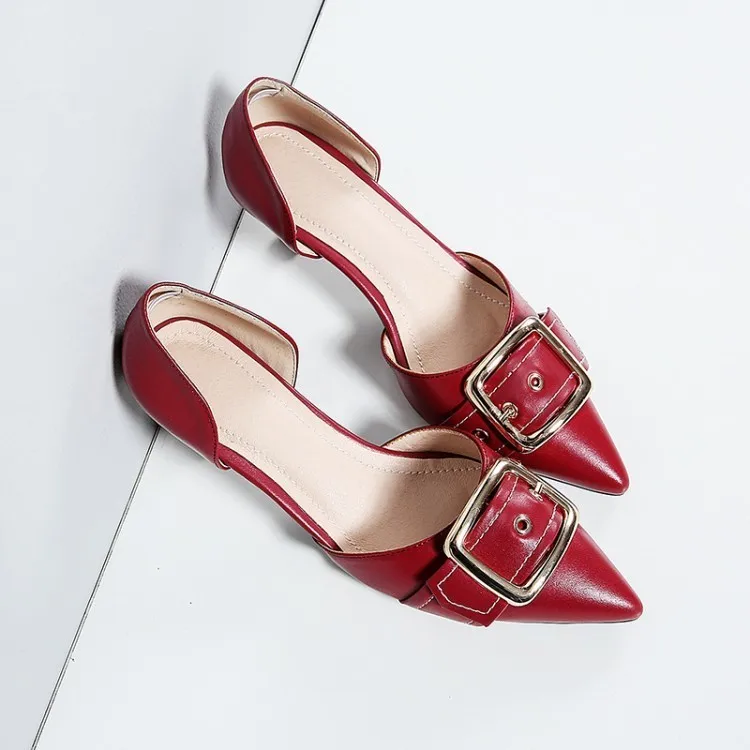 

Summer Genuine Leather Women's Shoes Full Cowhide Side Sharp Square Buckle Sandals Woman