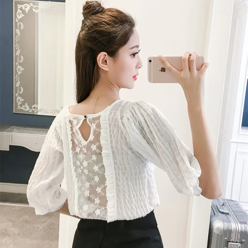 

New summer Women's Clothing fashion trend back perspective floral print temperament lantern sleeve thin solid chiffon blouse top