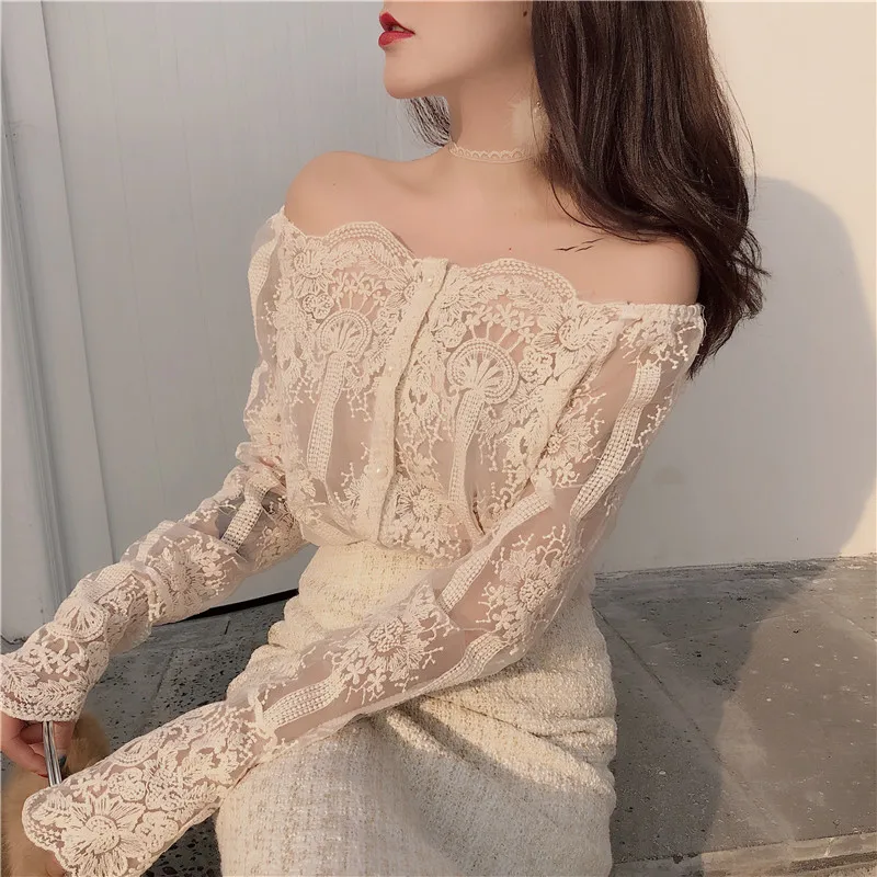 

New Arrivals Ladies Fashion Sexy Lacework Slash Neck Strapless Sling Chic Pullover Slim Blouse Shirt Women Lace Long Sleeves Top