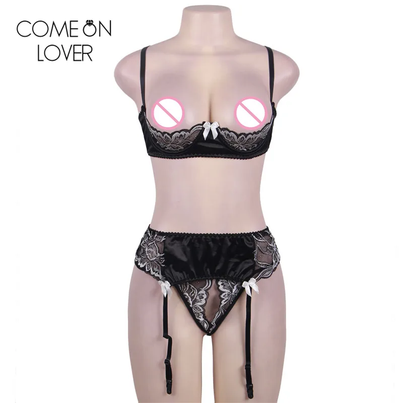 Comeonlover Open bust sexy lingerie bra set adjustable black plus size underwear sets with belt half cup garter bra set RL80319