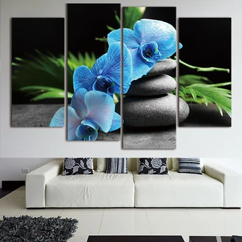 

Art Poster Modern Home Decor Living Room 4 Panel Orchid Flower Zen Stones Frame Wall Canvas HD Print Painting Modular Pictures