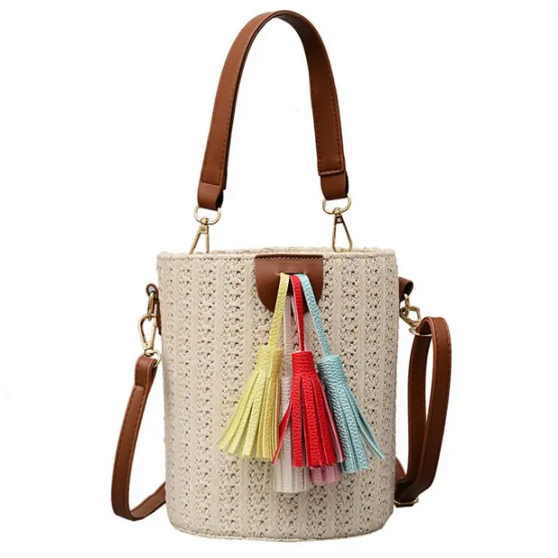 

Women PU Straw Tassel Versatile Messenger Bag Drawstring Simple Retro Solid Color Crossbody Shoulder Bags for women bolso mujer