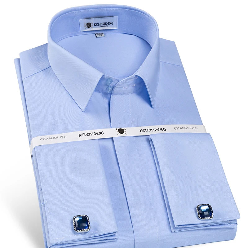 Kopen Mannen Franse Front Verborgen Knoppen Solid Dress Shirt Standaard fit Lange Mouw Twill Wedding Party Shirts (Manchetknopen inbegrepen)