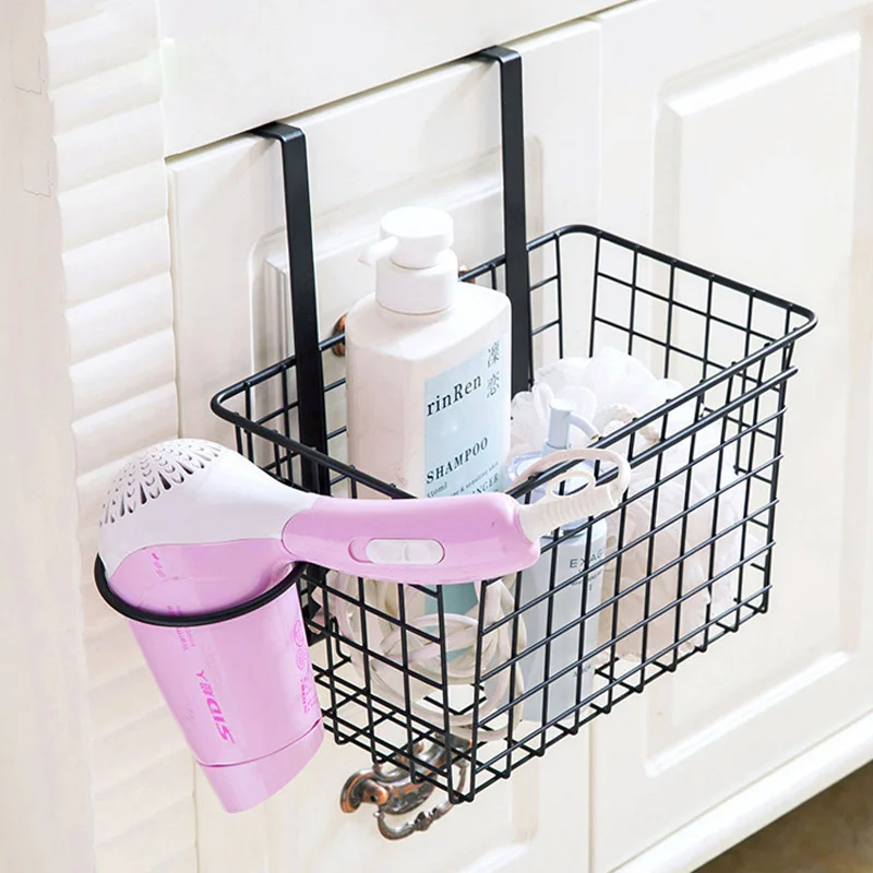 Creative Iron Over Door Storage Basket With Hair Dryer Holder